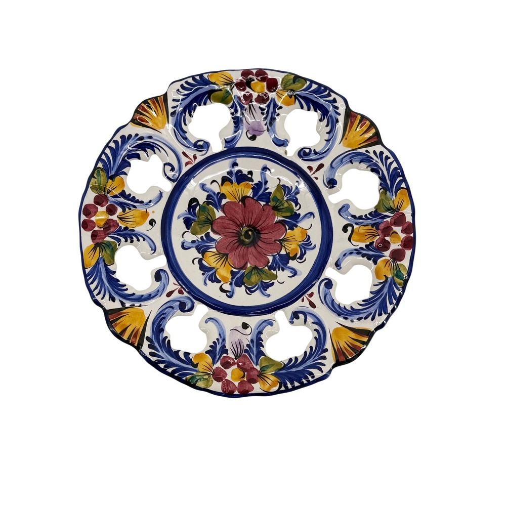 Faireal Alcobaca Hand Painted Plate 8.5in Ceramic Multicolor Floral Cut-out Edge